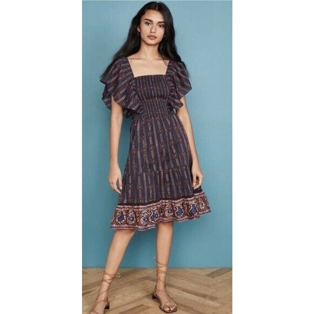 Soleil Floral Midnight Figue Estella Cotton Square Neck Mini Dress XS - Picture 2 of 10